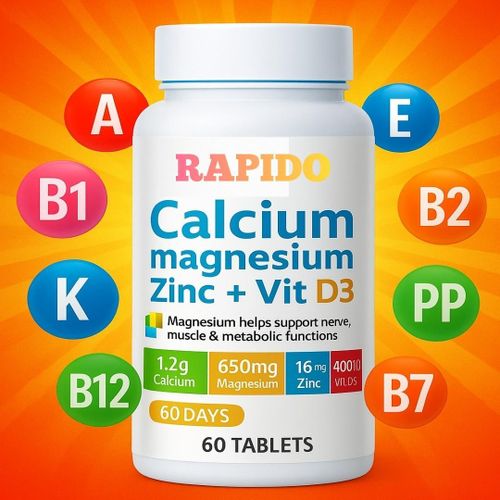 For Glowing Skin RAPIDO Calcium + Magnesium + Zinc + Vit D3 The Ultimate Formula for Strong Bones, Radiant Skin, and Total Body Power 60 Tabz